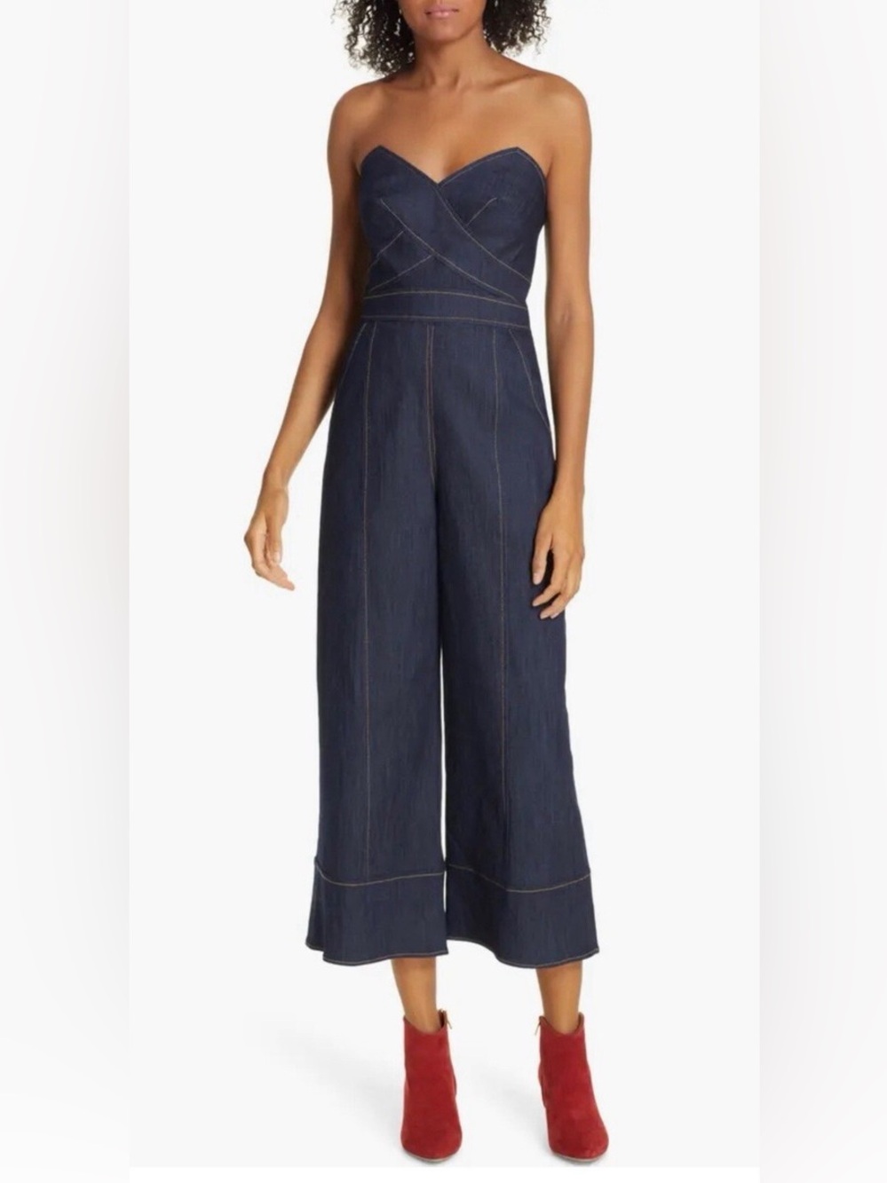 Cinq à Sept Zelda Strapless Wide-Leg Sweetheart Dark Blue Denim Jumpsuit Size 4